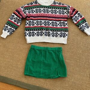 Aerie Festive Sweater and Aerie Green Corduroy Skirt Set XS